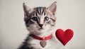 Funny portrait cute puppy tiger holding red heart in mouth isolated on white background, close up