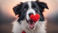 Funny portrait cute puppy tiger holding red heart in mouth isolated on white background, close up