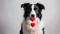 Funny portrait cute puppy tiger holding red heart in mouth isolated on white background, close up