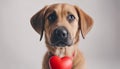 Funny portrait cute puppy tiger holding red heart in mouth isolated on white background, close up