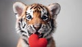 Funny portrait cute puppy tiger holding red heart in mouth isolated on white background, close up