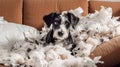 Funny portrait of a cute smiling border collie puppy sitting on the couch at home with a lot of shredded paper. Playful puppy. gen