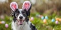 Funny portrait of cute smilling dog border collie wearing bunny ears on Easter egg hunt. Happy easter Royalty Free Stock Photo