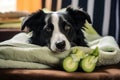 Funny portrait of cute smilling puppy dog border collie with green apple on bed at home. Pet care and animals concept, cute dog Royalty Free Stock Photo