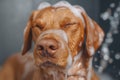 Funny portrait of a dog taking a foam shower. The image is generated with the use of an AI.