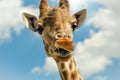 Funny portrait giraffe against blue sky clouds