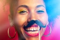 Funny portrait of girl with cardboard mustache Royalty Free Stock Photo