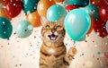 Funny portrait of a happy smiling bengal cat on a festive background with balloons and confetti Royalty Free Stock Photo