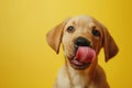 Funny portrait hungry puppy dog licking its lips with tongue. Isolated on yellow solid background. funny dog shows tongue. Hungry