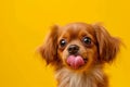 Funny portrait hungry puppy dog licking its lips with tongue. Isolated on yellow solid background. funny dog shows tongue. Hungry