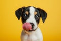 Funny portrait hungry puppy dog licking its lips with tongue. Isolated on yellow solid background. funny dog shows tongue. Hungry