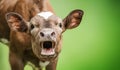 Funny portrait of a mooing cow, surprise animal emotions.