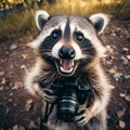 funny portrait of an racoon with camera into the wild, 360 degrees panoramic camera, AI generative