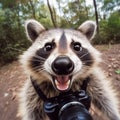 funny portrait of an racoon with camera into the wild, 360 degrees panoramic camera, AI generative