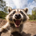 funny portrait of an racoon into the wild, 360 degrees panoramic camera, AI generative