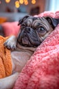 Funny portrait of a small pug dog is laying on a pink blanket. The dog is looking at the camera Royalty Free Stock Photo