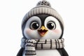 Funny Portrait of surprised happy penguin dressed in knitted scarf and hat on solid white background. ai generative