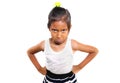 Funny portrait of sweet upset and disappointed 7 years old Asian girl looking intense to the camera feeling angry and unhappy in