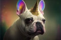 Funny portrait of white french bulldog in unicorn golden horn