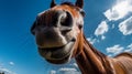 Funny positive happy horse unusual view. Ai generated