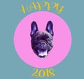 Funny poster. French bulldog in the sphere and with the number 2018. Dog is symbol of Chinese New Year. Royalty Free Stock Photo