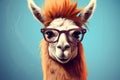 Funny poster. Portrait of anthropomorphic Llama Alpaka in a red glasses, dressed in a shirt