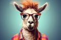 Funny poster. Portrait of anthropomorphic Llama Alpaka in a red glasses, dressed in a shirt