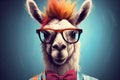 Funny poster. Portrait of anthropomorphic Llama Alpaka in a red glasses, dressed in a shirt