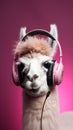 Funny poster. Portrait of Llama with a headphones