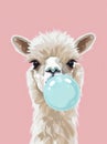 Funny poster. portrait of white alpaca blowing blue bubble gum, on a solid pink background, in a minimalist style with Royalty Free Stock Photo