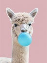 Funny poster. portrait of white alpaca blowing blue bubble gum, on a solid pink background, in a minimalist style with Royalty Free Stock Photo