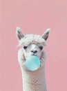 Funny poster. portrait of white alpaca blowing blue bubble gum, on a solid pink background, in a minimalist style with Royalty Free Stock Photo