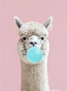 Funny poster. portrait of white alpaca blowing blue bubble gum, on a solid pink background, in a minimalist style with Royalty Free Stock Photo