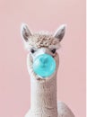 Funny poster. portrait of white alpaca blowing blue bubble gum, on a solid pink background, in a minimalist style with Royalty Free Stock Photo