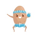 Funny potato doing squat exercises with weight, sportive vegetable cartoon character doing fitness exercise vector