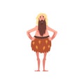 Funny Prehistoric Bearded Man, Primitive Stone Age Caveman in Animal Pelt Cartoon Character Vector Illustration
