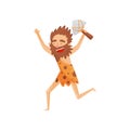 Funny prehistoric man with truncheon, primitive cavemen cartoon character vector Illustration on a white background Royalty Free Stock Photo