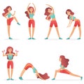 Funny pretty woman exercising various different training fitness poses exercises set vector illustration. Royalty Free Stock Photo