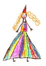 Funny princess or queen. Crayon like kid`s hand drawn fairy.