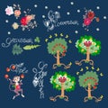 Funny print with lettering and cute cartoon characters. Cheerful monkey, dancing apple trees, birds and butterflies.