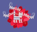 Funny print for a t-shirt or invitation card for a music party. A cute striped kitten stands on the background of a red clematis