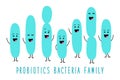 Funny probiotics bacteria family cartoon characters isolated on white, gut and intestinal flora, set in flat style Royalty Free Stock Photo