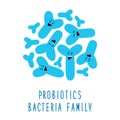 Funny probiotics bacteria family cartoon characters isolated on white, gut and intestinal flora, set in flat style Royalty Free Stock Photo