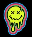 Funny psychedelic surreal techno acid LSD melt smile face logo. Dripping smile. Good mood. Positive emoji. Molten