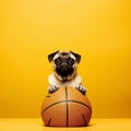 funny pug with a ball on a yellow background Royalty Free Stock Photo