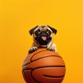 funny pug with a ball on a yellow background Royalty Free Stock Photo