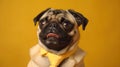 Funny pug dog in a business suit and necktie sitting at the table.