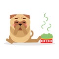 Funny pug dog character sitting beside a full bowl pinching its nose vector Illustration Royalty Free Stock Photo