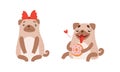 Funny Pug Dog with Curled Tail and Light Brown Coat with Donut and Bow Vector Set Royalty Free Stock Photo