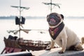 A funny pug dog in a pirate scarf sits on the background of a pirate ship.